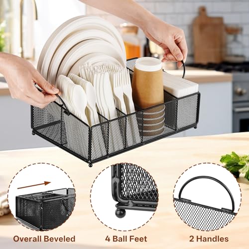 Large Paper Plate and Silverware Caddy for Countertop Party Picnic Camping, Plastic Cutlery Holder Organizer for Disposable Plate Cup Flatware Utensil Napkin, Black