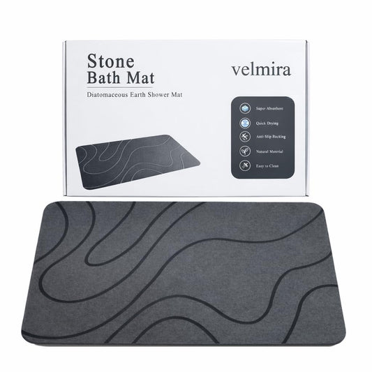 Stone Bath Mat, Quick Dry Shower Mat, Diatomaceous Earth Shower Mat, Non-Slip Hard Surface, Ultra Absorbent Bathroom Floor Mat for Tub, Entry, or Sink – 23.6" x 15.4", Gray (Wave)