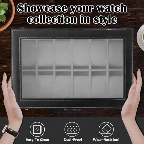 Ogrmar 12 Slot PU Leather Lockable Watch Storage Box for Men & Women Black | Watch Cases for Men & Women Jewelry Display Drawer Case, 2-tier Organizer Watch Showcase with Glass Lid