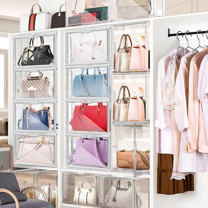 4 Packs Clear Plastic Handbag Storage Organizer for Closet Small | Acrylic Display Box for Handbag, Stackable Storage Boxes Bag Organizer with Magnetic Door for Purse Clutch Wallet Book