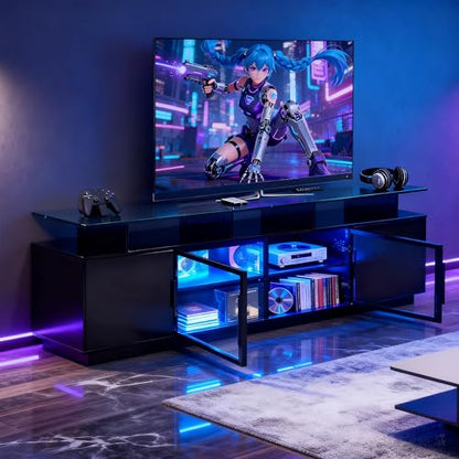70 Inch Black TV Stand for Living Room, LED Entertainment Center for Gaming, Modern TV Cabinet Console, Transparent Glass Door Storage Cabinet