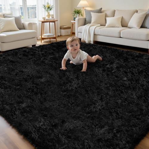 6x9 Black Fluffy Fuzzy Shag Area Rug for Living Ro... (Black | Polyester)