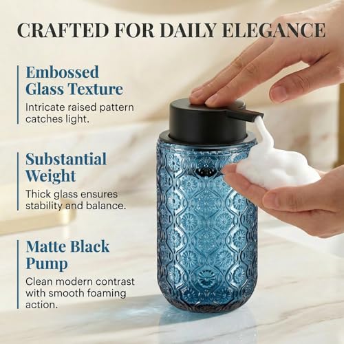 Blue Glass Foaming Hand Soap Dispenser | with Matte Black Pump Thick Embossed Bottle Refillable for Bathroom and Kitchen Decor 13.5 oz