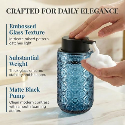 Blue Glass Foaming Hand Soap Dispenser | with Matte Black Pump Thick Embossed Bottle Refillable for Bathroom and Kitchen Decor 13.5 oz