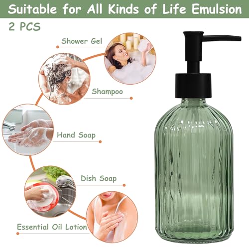 YYTSGG Green Glass Soap Dispenser Set with Black Pump, 13.5oz, 2 Pack | Refillable Liquid Hand Soap Dispenser, Lotion Dish Soap Dispenser for Modern Home Decor, Bathroom, Kitchen Countertop, Hotel