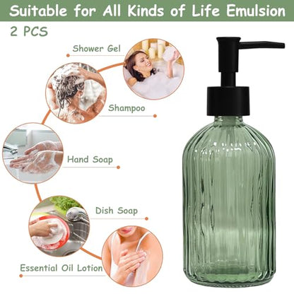 YYTSGG Green Glass Soap Dispenser Set with Black Pump, 13.5oz, 2 Pack | Refillable Liquid Hand Soap Dispenser, Lotion Dish Soap Dispenser for Modern Home Decor, Bathroom, Kitchen Countertop, Hotel