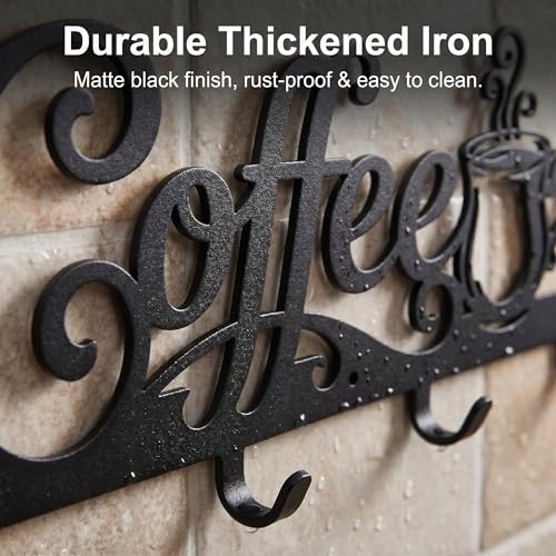 Coffee Mug Holder Wall Mount with 4 Hooks, 16.93 Inch Metal Coffee Bar Decor Sign, Heavy Duty Iron Cup Rack Hanger for Kitchen, Cafe and Home Organization, Matte Black（16.93"L x 6.69"H x 0.98"W)