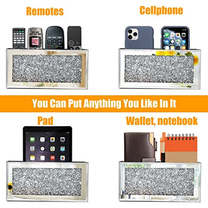 Mirrored Remote Holder, Wall Mounted Crush Diamond Bling Decoration Organizer Storage Box for Remote Phone Pad Wallet Notebook (8.3"×2.5"×4" For 3 or 4 Remote Controls)
