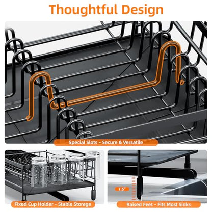 Urackify Extendable Dish Drying Rack, 18.5"-26.7" L x 12.7" W, Black | Multifunctional large dish rack with cup holder and built-in cutlery holder for versatile drying needs