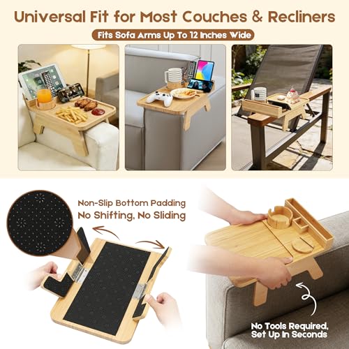 Bamboo Couch Arm Tray,with Cup Holder Phone Stand&Non-Slip(Natural Bamboo) | 100% side-pressed bamboo couch arm tray, cup holder & phone slot, non-slip base, fits most 12" sofa arms, multi-scene use