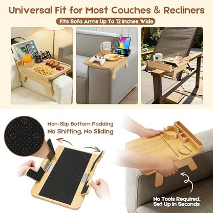 Bamboo Couch Arm Tray,with Cup Holder Phone Stand&Non-Slip(Natural Bamboo) | 100% side-pressed bamboo couch arm tray, cup holder & phone slot, non-slip base, fits most 12" sofa arms, multi-scene use