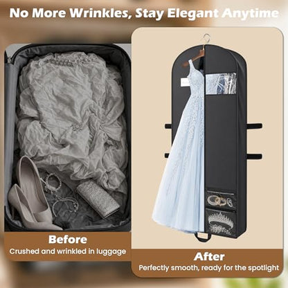 65" Long Garment Bags, 2 Pack Waterproof Travel Dress Bags for Hanging Clothes, Wedding Dress Cover Clothes Protector for Closet Storage, Suitable for Gowns, Tuxedos, Coats, Black