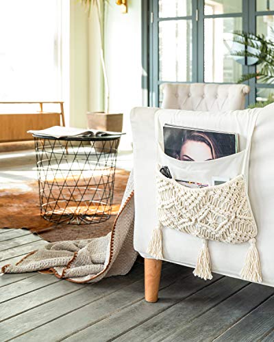 Mkono Macrame Armchair Caddy, Boho Couch Armrest Organizer, 4 Pockets Beige | Sofa Bedside Caddy, Remote Control Magazine Phone Holder, Living Room Bedroom Dorm, Boho Decor, Space-Saving Storage