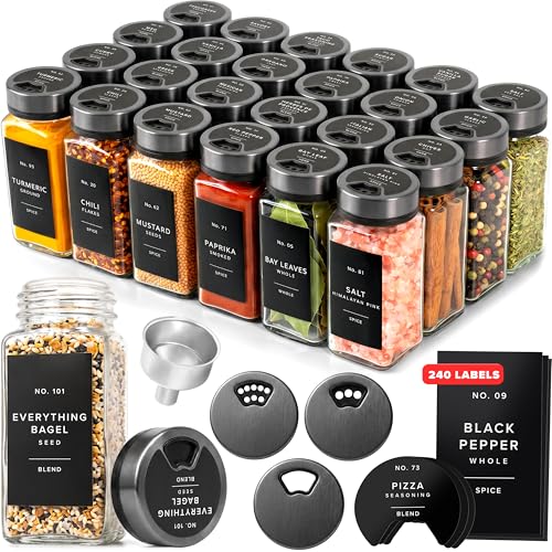 Glass Spice Jars with Label, Space Gray Sprinkle Lids (24 x 4oz)