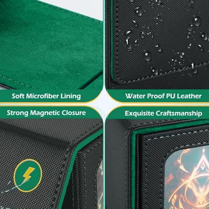 CMFYlive Card Deck Box for Commander Deck Box MTG Deck Box Fits 100 Double Sleeved Cards, Magic Commander TCG Card Storage Box with 2 Dividers,Drawstring Bag and 1 Toploader (Black/Green)