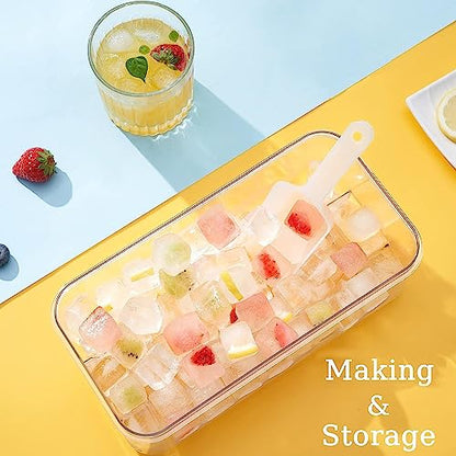 Ice Cube Tray with Lid and Bin, 64 pcs Ice Tray Kit with Ice Scoop, Ice Cube Pop Out Tray, Ice Cube Trays for Freezer, Ice Cube Molds, BPA Free, Easy Release Stackble Spill-Resistant ZZWILLB (Orange)
