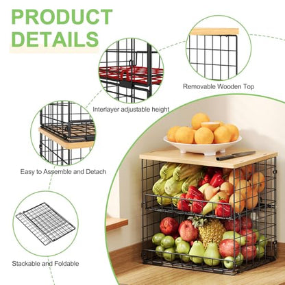 4 Pack Stackable Wire Baskets for Pantry Organizer... (Natural | Metal Wood)