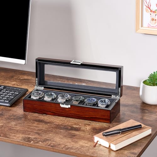 BEWISHOME Watch Box, 6 Slot Wooden Watch Cases for Men with Large Glass Lid | Men's Watch Box, Watch Storage Organizer, Watch Display Case, Watch Holder Removable Watch Pillows, Brown SSH06Y
