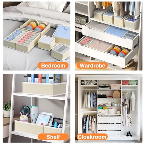 DIMJ Drawer Organizer Clothes 15 Pack - Foldable Baby Organizers and Storage & Closet Organizers for Bedroom, Closet - Nursery Organization Dresser Dividers for underwear, Sock,Bra, Belt, Tie, Beige
