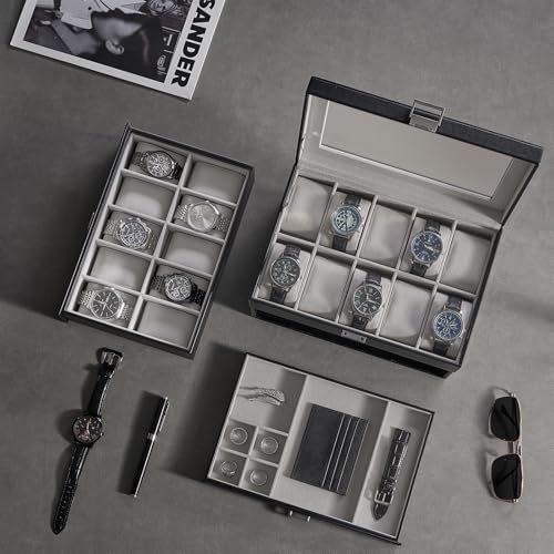 ProCase 3-Layer Watch Box with Glass Lid for Men, 20-Slot, Black | PU Outer, Velvet Lining, Jewelry Storage Organizer with Drawer, for Straps Cufflinks Rings, Gift for Men Father Dad Husband
