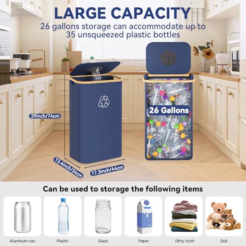 Recycling Bin for Kitchen, 26 Gallon 100L Indoor Home Recycle Bin with Lid and 2 Removeable Reusable Inner Bags, for Bottles, Cans, Glass, Plastic & Stickers, Blue