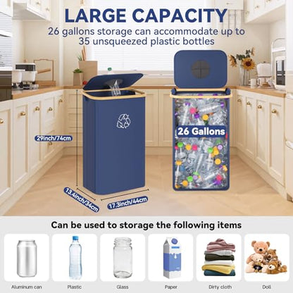 Recycling Bin for Kitchen, 26 Gallon 100L Indoor Home Recycle Bin with Lid and 2 Removeable Reusable Inner Bags, for Bottles, Cans, Glass, Plastic & Stickers, Blue