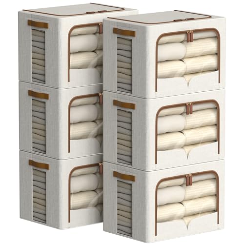 FHSQX 6 Pack Clothes Storage Bins - Foldable Storage Bins for Clothes Fabric Storage Box with Metal Frame (Cream White, 16.5x12.2x12.2 inch)
