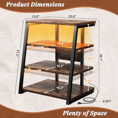 AV Media Stand, Stereo Stands and Racks Small Entertainment Center | Corner Shelf Stand with Power Strip & LED Lights, Audio Tower HIFI Rack Stereo Shelf CRT TV Stand, 4 Tier, Rustic Brown