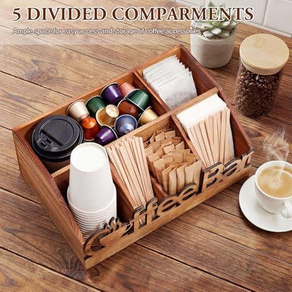 Coffee Station Organizer for Counter Wood Countertop Accessories Organizer Coffee Pods Holder Storage Basket for Pods Condiment Syrup Tea Cups Stirrers for Rustic Bar Decoration(Natural)