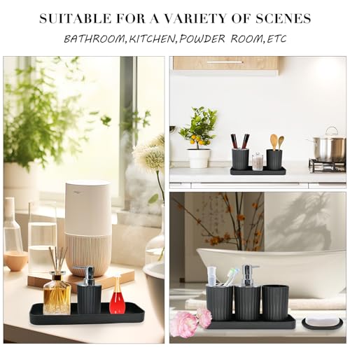 Black Bathroom Accessories Set, 10Pcs Bathroom Accessory Sets Complete with Trash Can, Shower Curtain, Vanity Tray, Soap Dispenser, Soap Dish, Toothbrush Holder&Cup, Toilet Brush&Holder, Qtip Holder