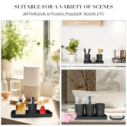 Black Bathroom Accessories Set, 10Pcs Bathroom Accessory Sets Complete with Trash Can, Shower Curtain, Vanity Tray, Soap Dispenser, Soap Dish, Toothbrush Holder&Cup, Toilet Brush&Holder, Qtip Holder