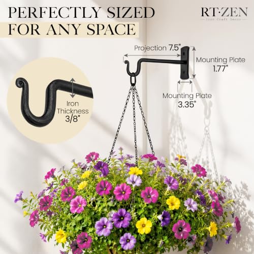 Plant Hangers Outdoor or Indoor Heavy Duty Wall Bracket Hooks | Wrought Iron Metal Hanger Indoor Hook for Hanging Plants Baskets Lanterns Bird Feeders - 2 Pack (Black Shepherds Hooks 7.5")