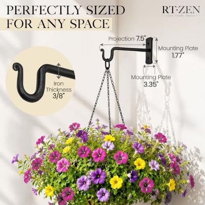 Plant Hangers Outdoor or Indoor Heavy Duty Wall Bracket Hooks | Wrought Iron Metal Hanger Indoor Hook for Hanging Plants Baskets Lanterns Bird Feeders - 2 Pack (Black Shepherds Hooks 7.5")
