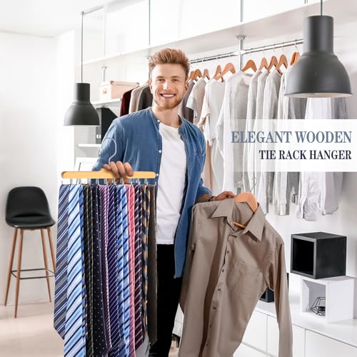 2PC Tie Rack Hanger for Closet, Upgraded Tie Holder Organizer for Men, Wood | Non Slip Neck Tie Organizer with 20 Foldable Hooks, Belt Hanger Space Saving, Fits for Tank Tops Bras Cami Scarves