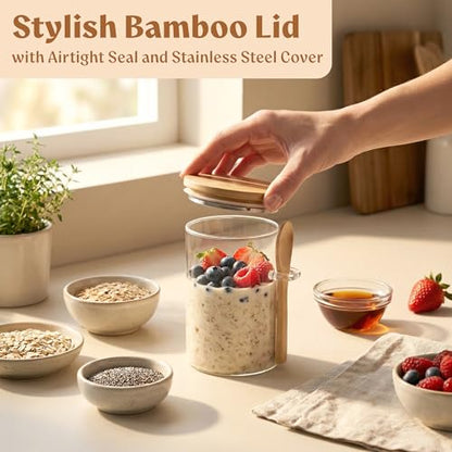 Overnight Oats Containers with Lids Bamboo incl. Spoons & Labels - 4x16oz | 4 Thick Glass Jars With Airtight Bamboo Lids, Matching Spoons and 24 Labels for Overnight Oats, Chia Pudding and Yogurt