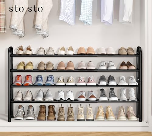 STO STO Long Expandable Shoe Rack 4-Tier, Adjustable Length 33.7”–47.5” Shoe Organizer, Metal Shoes Storage Shelf, Holds Up to 30 Pairs, Non-Slip Feet, for Closet, Entryway, Hallway, Front Door, Black