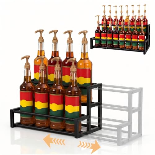 Large Expandable Coffee Syrup Organizer, Syrup Rack for 8-16 Bottles | 17.5 to 29 Inch Adjustable Width, Heavy-Duty Metal Syrup Stand, Countertop Coffee Bar Organizer for Kitchen, Cafe & Home Bar