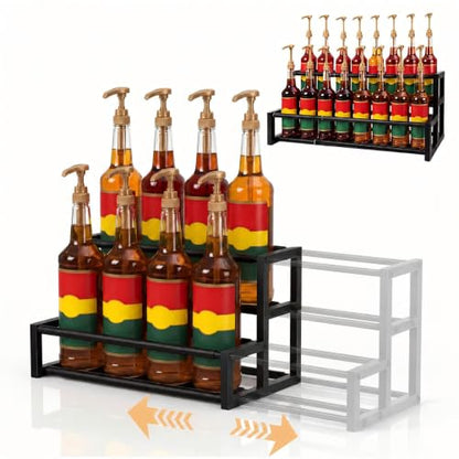 Large Expandable Coffee Syrup Organizer, Syrup Rack for 8-16 Bottles | 17.5 to 29 Inch Adjustable Width, Heavy-Duty Metal Syrup Stand, Countertop Coffee Bar Organizer for Kitchen, Cafe & Home Bar