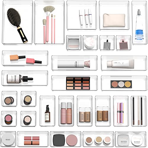 Simple Houseware 30 PCS Clear Plastic Drawer Organizers Set, 5-Size | for Makeup, Bathroom, Bedroom and Office