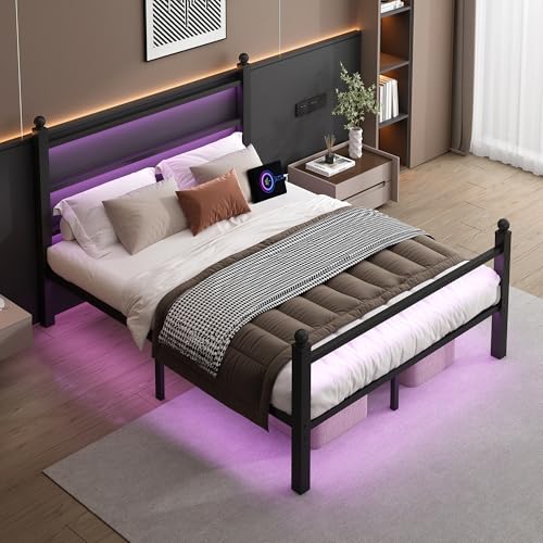 CLIBFENG Full Size Bed Frame with Headboard and Footboard,Steel Slats Support-LED Bed Frame with Charging Station,Mattress Foundation-Under Bed Storage, No Box Spring Needed,Noise Free,Black