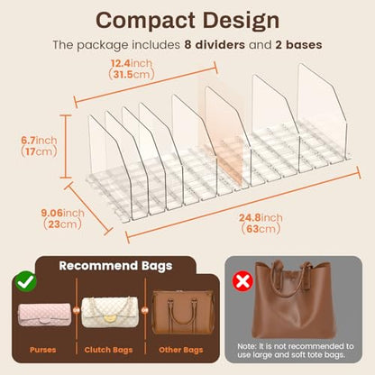 Purse Organizer for Closet, Adjustable Clear Handbag Storage Holder, Acrylic Purse Organizer for Closet Organization, Shelf Divider, Perfect for Bedroom, Living Room, Home