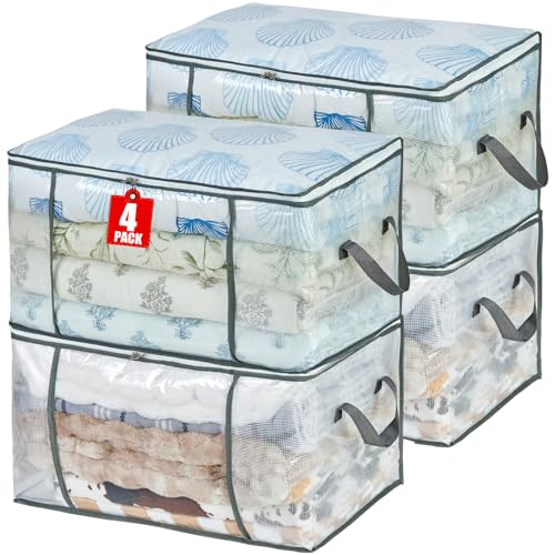 80L Clear Large Storage Bag for Clothes Comforters Blankets Pillows Bedding | Foldable Organizer with Sturdy Handle and Zippers, Storage Containers for Organizing Closet, Bedroom, Underbed, Dorm