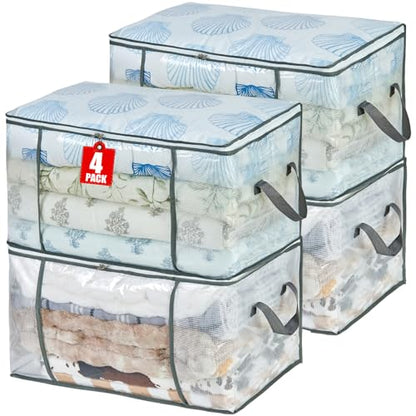 80L Clear Large Storage Bag for Clothes Comforters Blankets Pillows Bedding | Foldable Organizer with Sturdy Handle and Zippers, Storage Containers for Organizing Closet, Bedroom, Underbed, Dorm