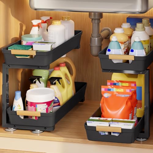 Sliding Under Sink Organizer: 2-Pack Pull-Out Rack... (2 Count | Black | Iron, Plastic)