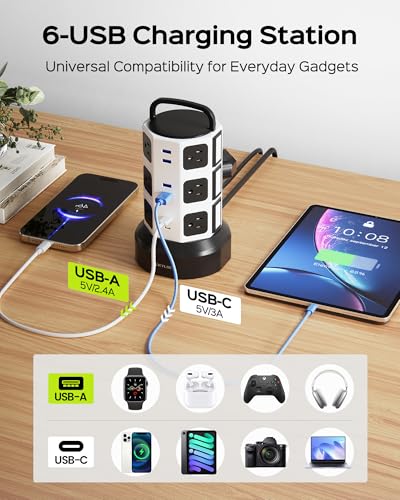 Power Strip Tower Surge Protector, 1050J, 12 AC 6 USB (2 USB C), 6.5Ft | Extension Cord with Multiple Outlets, 1625W/13A Outlet Extender, Power Tower, Charging Station for Home Office, School, Dorm