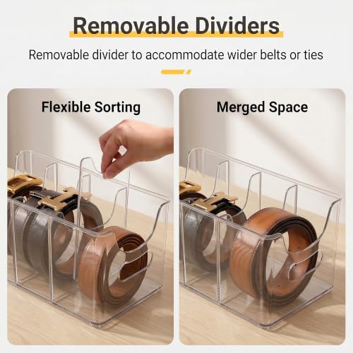 Clear Acrylic Belt Organizer 2 Pack, Stackable Belt Holder with 5 Removable Dividers & Built-in Handles, Multi-Purpose Drawer Closet Storage Display Bin for Belts, Ties, Socks, Underwear