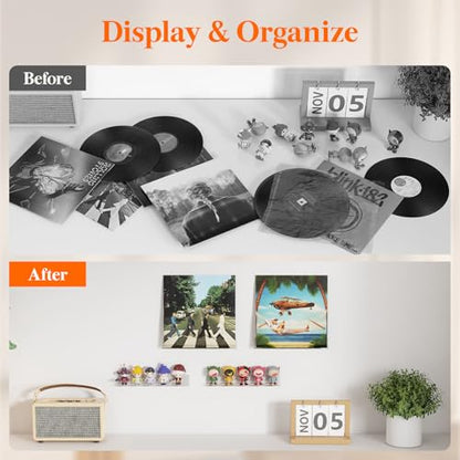 Lifewit Narrow Acrylic Floating Shelves for Vinyl Record 12", Clear 6 Pack | Wall Shelf for Nail Polish, Book, Picture, Makeup, Album Covers Display Organizer for Bedroom, Living Room, Bathroom Decor