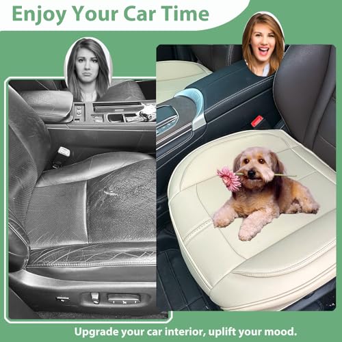 2 Pack Leather Front Car Seat Cover Bottom Only, Anti-slip Padded Seat Cushion, Full Wrap Seat Protector with Storage Function Universal Fit for Most Cars, SUV, Pick-up Trucks (Light Beige)