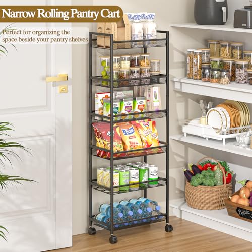 6 Tier Slim Rolling Storage Cart, Narrow Mobile Shelving Unit Organizer Utility Cart with Wheels, Metal Wire Storage Rack with Baskets for Kitchen, Bathroom, Laundry & Living Room, 10in(W) Black