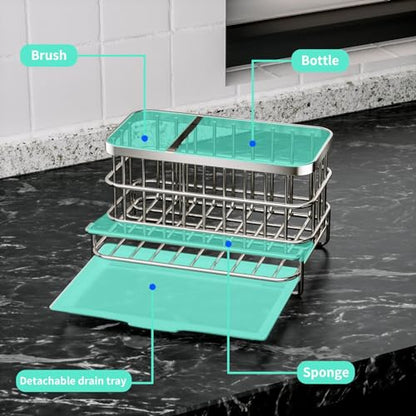 HapiRm Kitchen Sink Organizer, SUS304 Stainless Steel Rustproof Multifunctional Large Sink Caddy with Sponge Holder and Drain Tray for Kitchen Countertop (Silver)